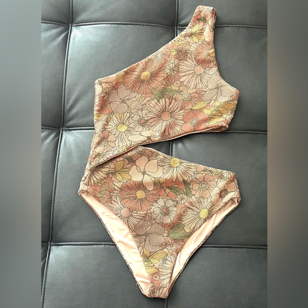 Beach Riot One-Shoulder Floral Cutout One-Piece Swimsuit in Peach, Yellow, Green